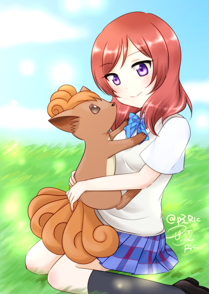 1girl 1other ascii_media_works black_legwear blue_skirt blue_sky bushiroad creatures_(company) crossover day fox game_freak long_hair love_live! love_live!_school_idol_project miniskirt nintendo nishikino_maki outdoors pleated_skirt pokemon redhead ric_(fwpbox) shirt short_sleeves signature sitting sketch skirt sky smile solo tokyo_mx violet_eyes vulpix white_shirt