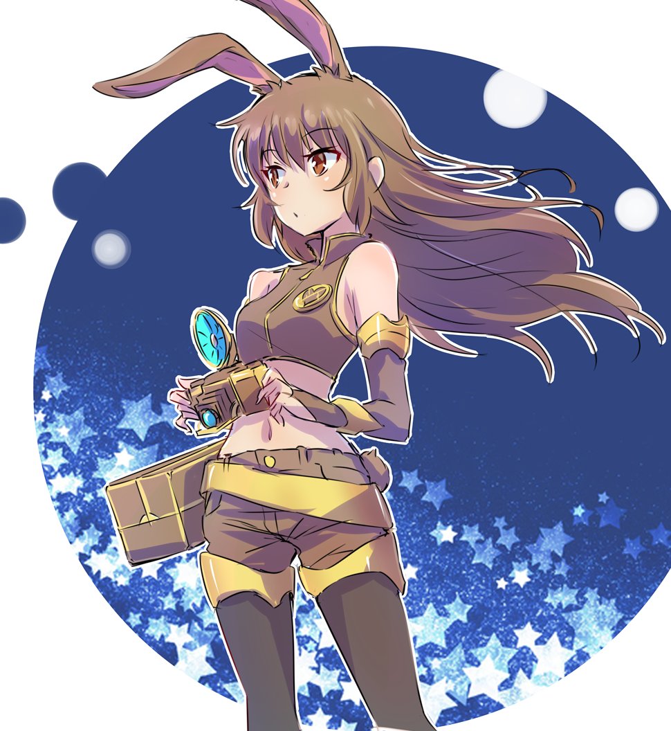 1girl animal_ears brown_eyes brown_hair bunny_tail camera commentary_request iesupa navel pantyhose rabbit_ears rwby sleeveless solo tail velvet_scarlatina