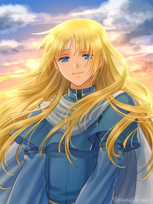 1boy blonde_hair blue_eyes fire_emblem fire_emblem:_rekka_no_ken hanasaki_komugi long_hair looking_at_viewer lucius outdoors scarf smile solo sunlight sunset