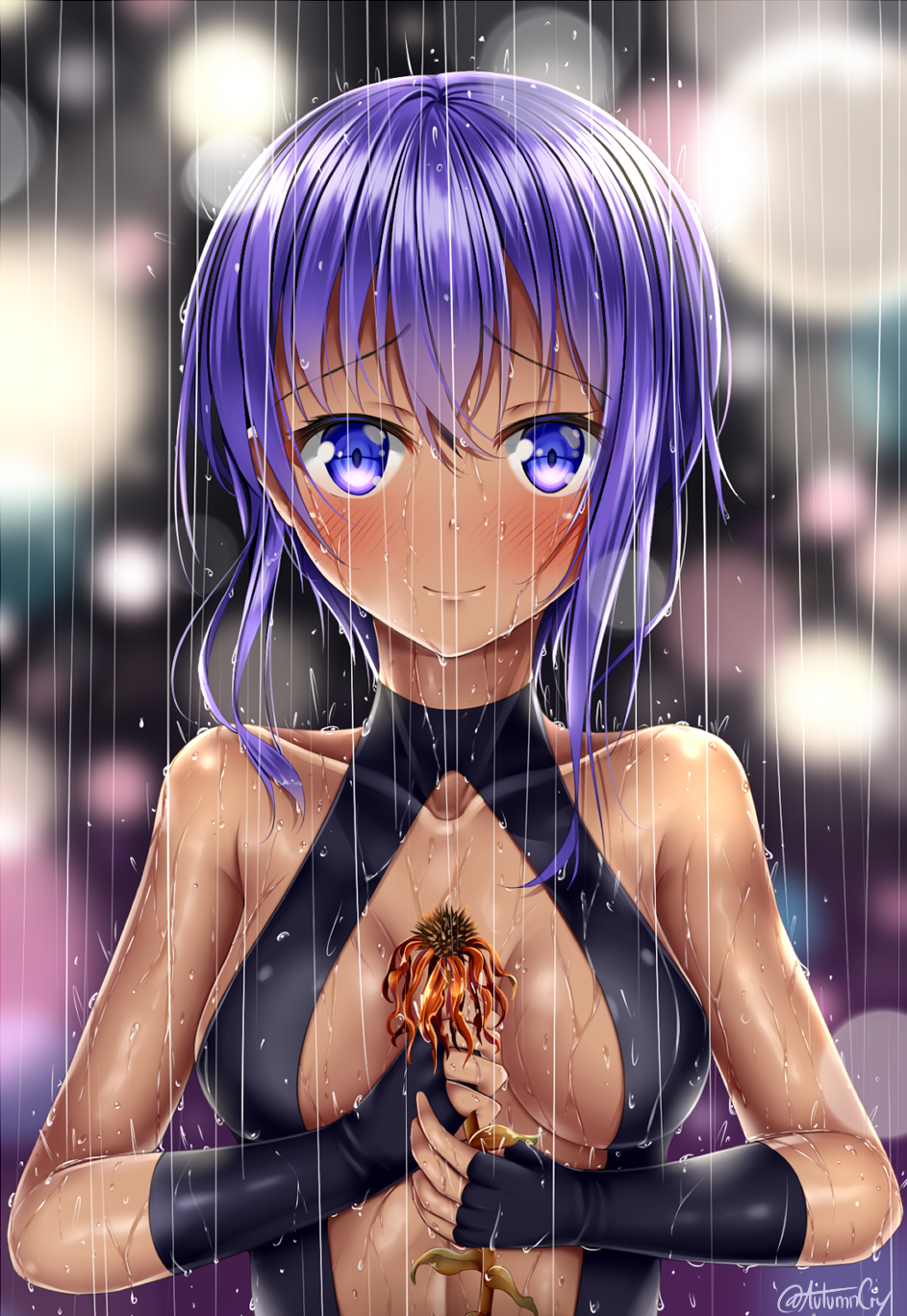 1girl assassin_(fate/prototype_fragments) black_gloves blurry blurry_background blush breasts breasts_apart center_opening closed_mouth collarbone dark_skin elbow_gloves eyebrows_visible_through_hair fate/prototype fate/prototype:_fragments_of_blue_and_silver fate_(series) flower gloves highres holding holding_flower looking_at_viewer medium_breasts puririn purple_hair rain shiny shiny_hair short_hair sidelocks smile solo twitter_username upper_body violet_eyes water water_drop wet wet_hair