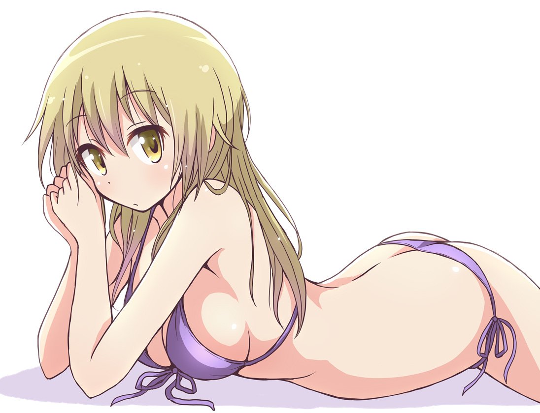 1girl back bangs bikini blonde_hair breasts butt_crack cleavage closed_mouth collarbone commentary_request expressionless front-tie_bikini front-tie_top hair_between_eyes hands_together ichii_yui long_hair looking_at_viewer lying medium_breasts mel_(melty_pot) on_stomach purple_bikini shadow side-tie_bikini sideboob solo swimsuit wet wet_hair white_background yellow_eyes yuyushiki