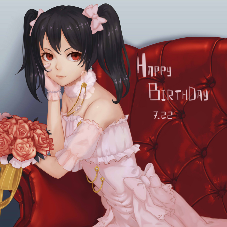 1girl bangs bare_shoulders black_hair bouquet bow bracelet chin_rest closed_mouth couch dated detached_collar detached_sleeves dress flower gloves hair_bow happy_birthday jacky5493 jewelry light_smile looking_at_viewer love_live! love_live!_school_idol_project pink_bow pink_gloves pink_rose puffy_short_sleeves puffy_sleeves red_eyes rose short_sleeves sitting smile solo twintails wedding_dress yazawa_nico