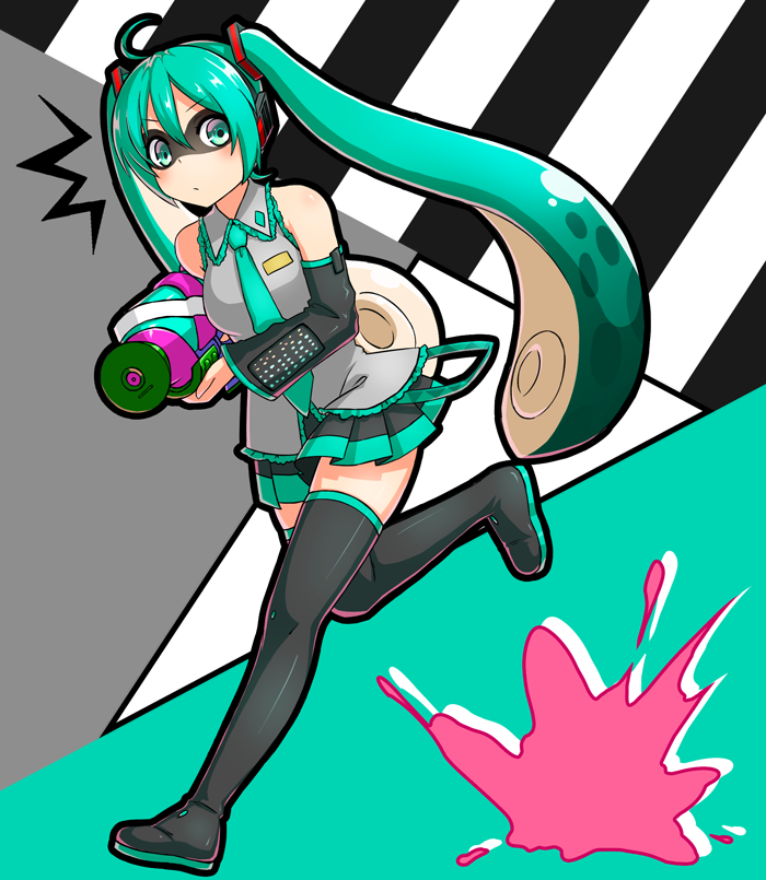 1girl :/ bare_shoulders black_legwear boots closed_mouth crossover detached_sleeves domino_mask full_body green_eyes green_hair hair_between_eyes hatsune_miku headphones headset holding holding_weapon inkling long_hair looking_at_viewer mask necktie nonaka_hako running shirt skirt solo splatoon suction_cups super_soaker tentacle_hair thigh-highs thigh_boots twintails very_long_hair vocaloid weapon zettai_ryouiki
