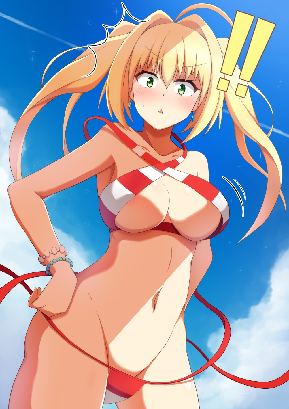 !! /\/\/\ 1girl ahoge bead_bracelet beads bikini blonde_hair blue_sky blush bracelet breasts clouds day earrings eyebrows_visible_through_hair fate/grand_order fate_(series) green_eyes hands_on_hips highres jewelry long_hair looking_at_viewer medium_breasts navel nero_claudius_(swimsuit_caster)_(fate) saber_extra side-tie_bikini sky solo sukeberosu swimsuit wardrobe_malfunction