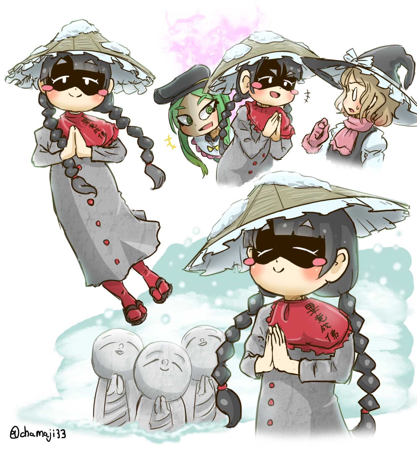 +++ 3girls :d ajirogasa al_bhed_eyes black_hair blonde_hair blush_stickers bow bowtie braid buttons c: capelet chamaji closed_eyes closed_mouth collage commentary_request dress eyebrows_visible_through_hair eyes full_body gloves green_eyes green_hair grey_dress hands_together hat hat_bow highres jizou kirisame_marisa long_hair long_sleeves looking_at_another looking_at_viewer multiple_girls o_o open_mouth red_legwear sandals scarf smile snow solo_focus standing statue teireida_mai tiptoes touhou twin_braids twitter_username upper_body witch_hat yatadera_narumi