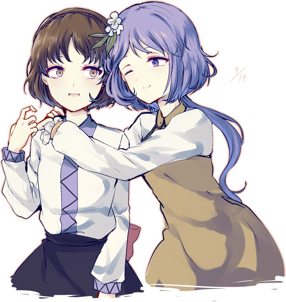 2girls arms_around_neck black_skirt brown_dress brown_eyes brown_hair closed_mouth dated dress flower hair_flower hair_ornament long_hair looking_at_another multiple_girls one_eye_closed parted_lips purple_hair shirt short_hair siblings sisters skirt smile touhou tsukumo_benben tsukumo_yatsuhashi uranaishi_(miraura) violet_eyes white_shirt