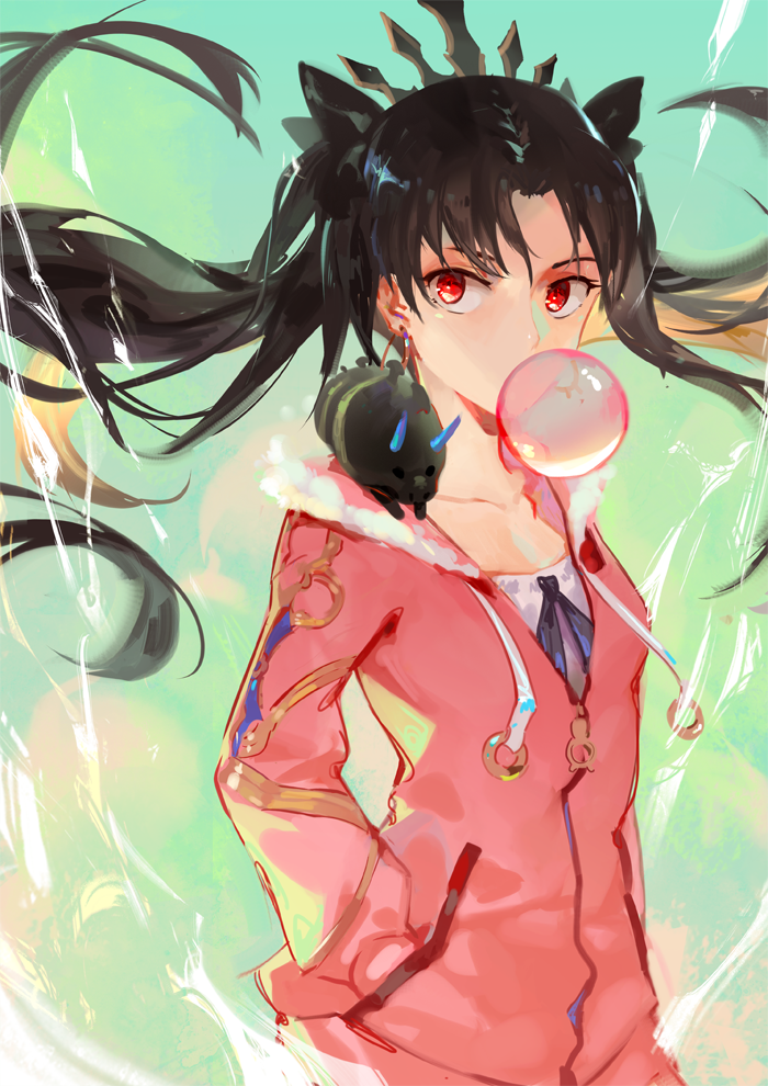 1girl bangs black_hair bubble_blowing chewing_gum collarbone earrings fate/grand_order fate_(series) hands_in_pockets hood hoodie hoop_earrings image_sample ishtar_(fate/grand_order) jewelry long_hair looking_at_viewer parted_bangs red_eyes solo tohsaka_rin truc_bui tumblr_sample two_side_up very_long_hair