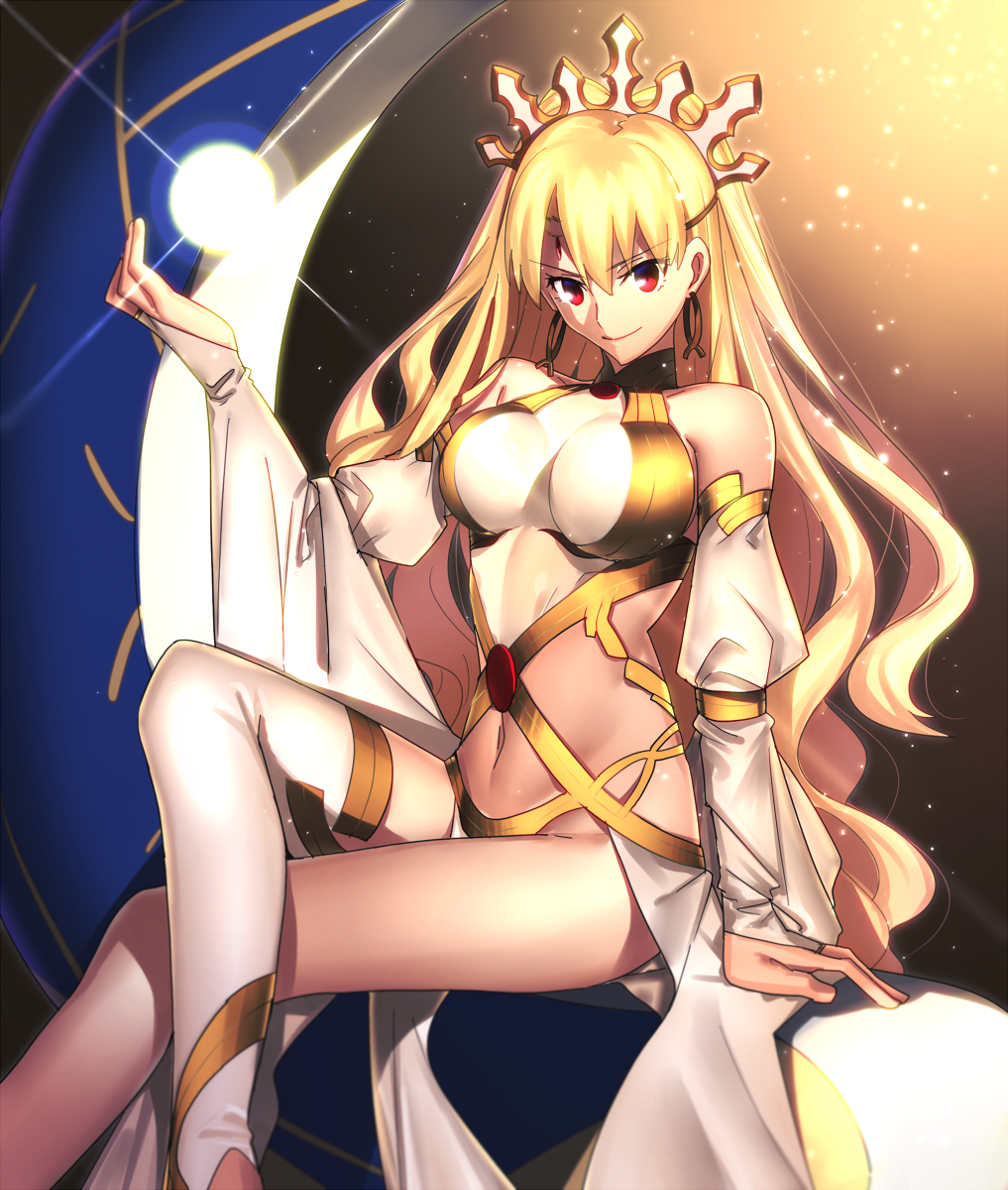 1girl arm_up bangs blonde_hair breasts closed_mouth detached_sleeves earrings ereshkigal_(fate/grand_order) eyebrows_visible_through_hair fate/grand_order fate_(series) hair_between_eyes highres hoop_earrings jewelry large_breasts legs_crossed long_hair looking_at_viewer navel red_eyes sen_(77nuvola) single_thighhigh sitting smile solo thigh-highs tohsaka_rin two_side_up wavy_hair white_legwear