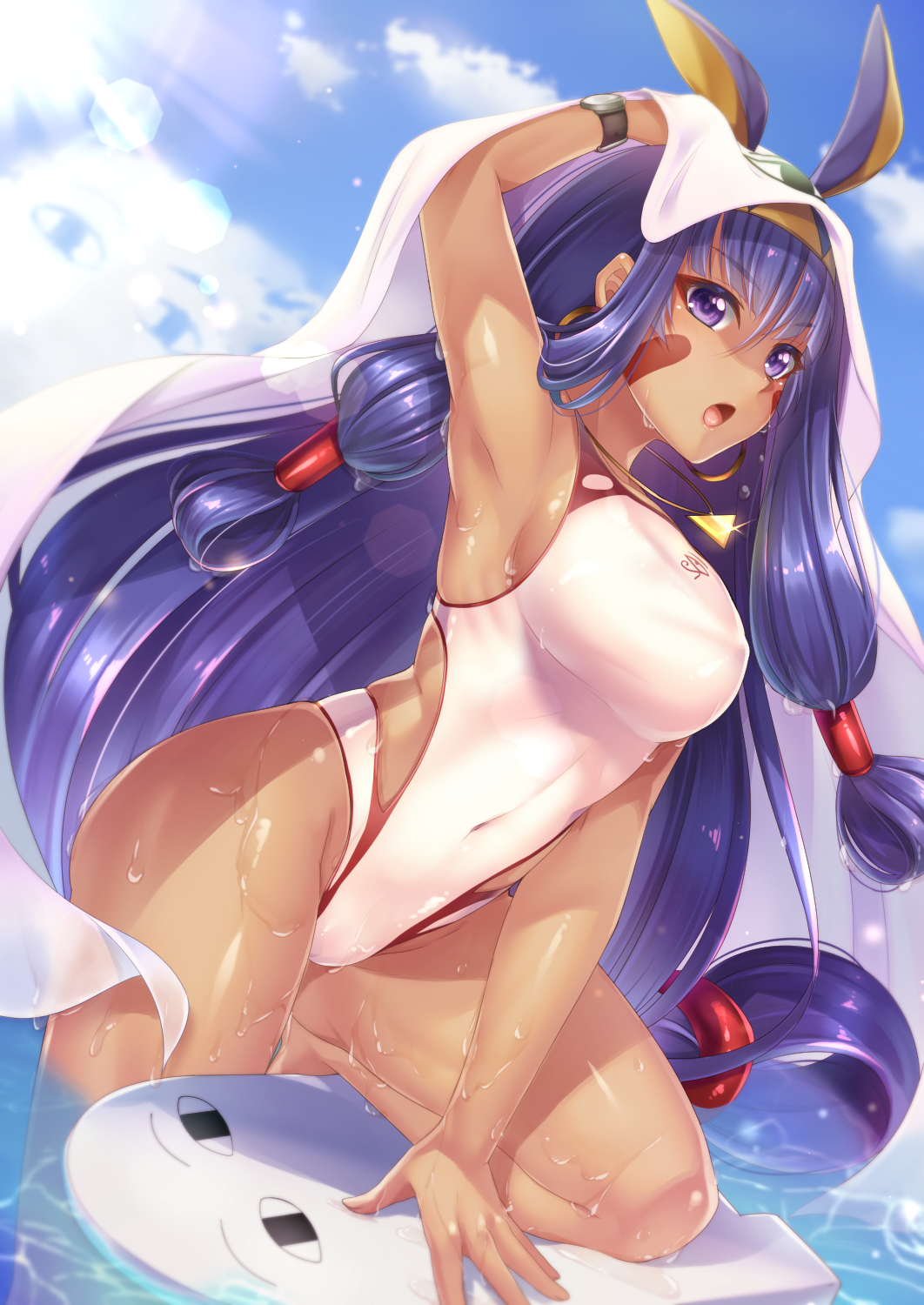 1girl animal_ears armpits blue_sky blush breasts clouds covered_navel dark_skin day earrings facial_mark fate/grand_order fate_(series) hairband highres hoop_earrings jackal_ears jewelry long_hair looking_at_viewer medium_breasts medjed necklace nitocris_(fate/grand_order) nitocris_(swimsuit_assassin)_(fate) one-piece_swimsuit open_mouth purple_hair sideboob sky solo sunlight swimsuit tongue very_long_hair violet_eyes wet white_swimsuit yuzutosen
