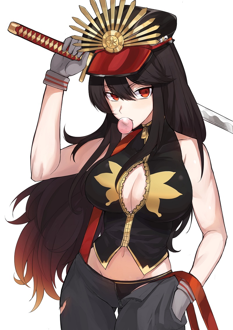 1girl alternate_costume black_hair breasts bubble_blowing cleavage demon_archer denim fate_(series) gloves hand_in_pocket hat holding holding_sword holding_weapon jeans k_jin katana koha-ace long_hair looking_at_viewer pants red_eyes simple_background sleeveless solo sword weapon white_background white_gloves
