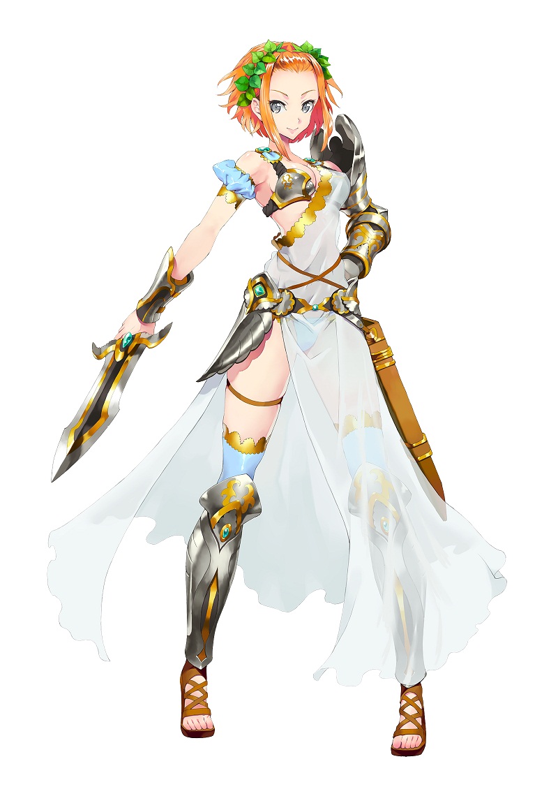1girl bare_shoulders bracelet breastplate breasts cleavage engage_knights force_of_will full_body gem grey_eyes jewelry leaf official_art orange_hair sandals short_hair simple_background solo sword thigh-highs weapon white_background