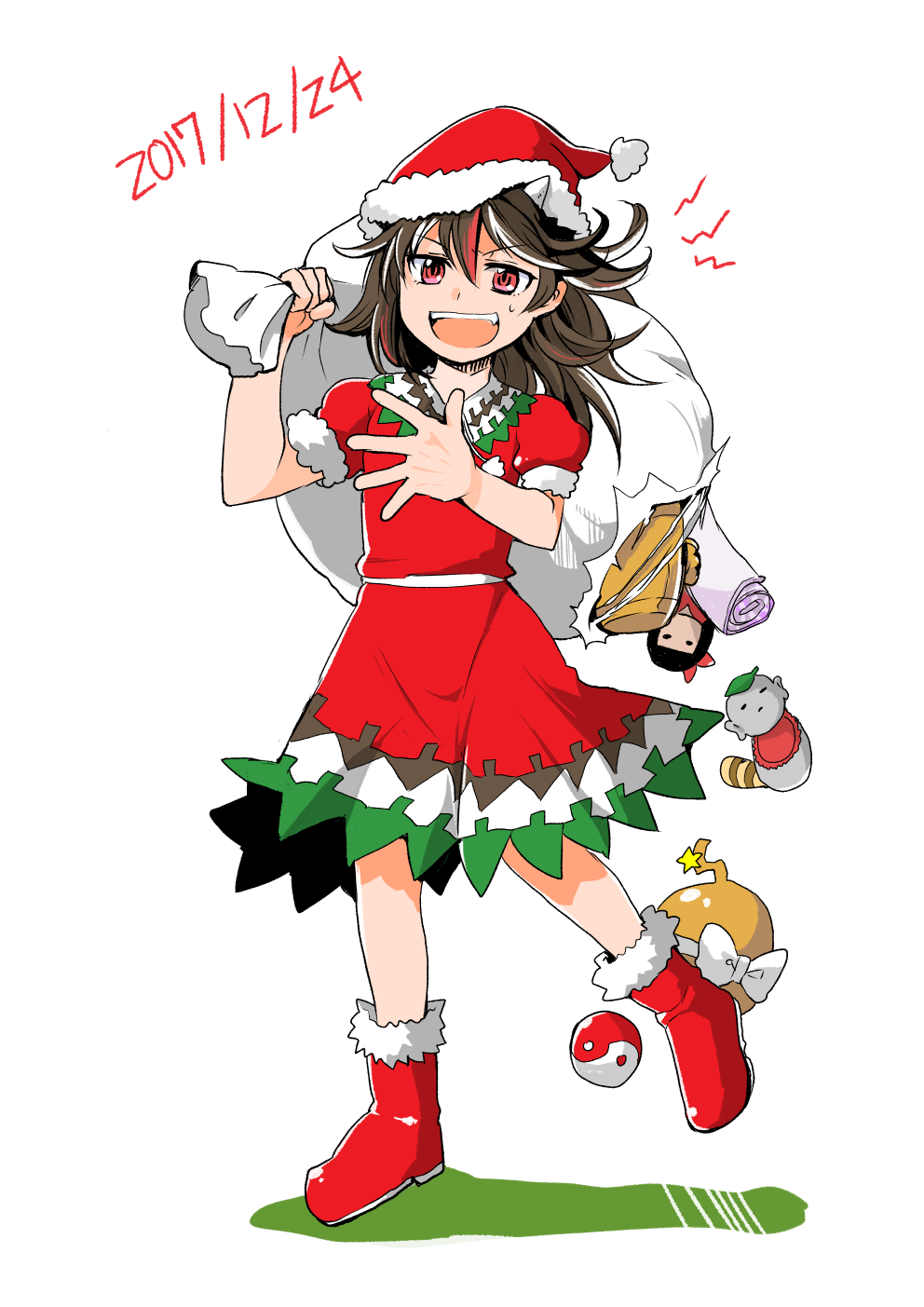 1girl 2017 boots brown_hair carrying_bag christmas commentary_request dated doll double_dealing_character dress fang hair_between_eyes hand_on_own_chest hat highres horns kijin_seija long_hair looking_at_viewer multicolored_hair open_mouth raccoon_tail red_eyes redhead santa_hat shadow solo streaked_hair sweatdrop tail tako_(plastic_protein) touhou translation_request yin_yang_orb