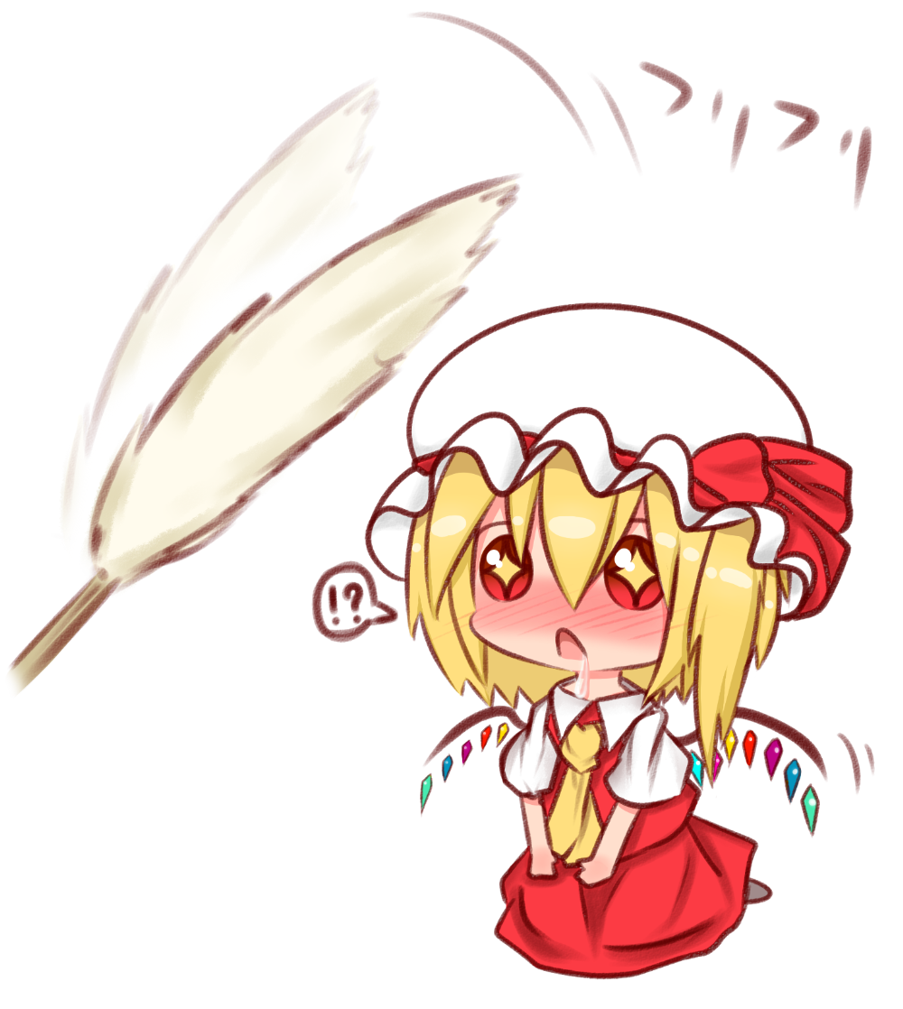 !? +_+ 1girl :o ascot blonde_hair blush bow cat_teaser chibi collared_shirt commentary_request drooling flandre_scarlet full-face_blush full_body hat hat_bow minigirl mob_cap multicolored multicolored_wings open_mouth puffy_short_sleeves puffy_sleeves red_eyes seiza shirt shopon short_sleeves side_ponytail simple_background sitting skirt skirt_set spoken_interrobang touhou translation_request v_arms white_background white_shirt wings