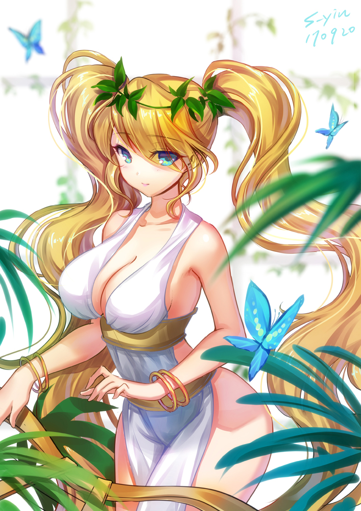 1girl bare_shoulders blonde_hair blue_eyes bracelet breasts butterfly closed_mouth collarbone cowboy_shot dress eyes_visible_through_hair hair_ornament jewelry large_breasts leaf_hair_ornament league_of_legends long_hair looking_at_viewer muse_sona open-back_dress s-yin smile solo sona_buvelle very_long_hair white_dress