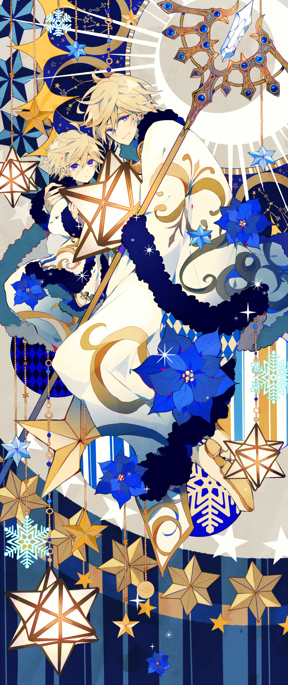 2boys blonde_hair blue_eyes character_request closed_mouth commentary_request crystal eyebrows_visible_through_hair flower_ornament flower_request fur_trim hair_between_eyes highres holding holding_staff hug long_sleeves looking_at_viewer male_focus multiple_boys parted_lips robe rope satsuki_(miicat) smile snowflakes staff star tsubasa_chronicle white_robe wide_sleeves