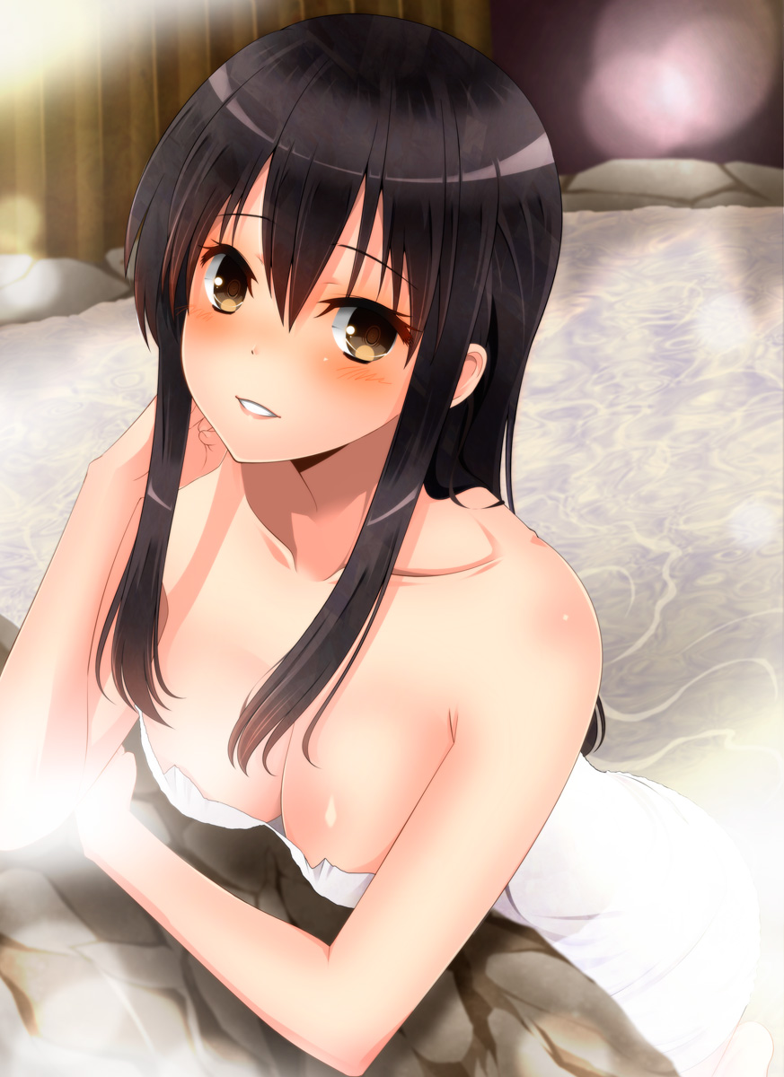 10s 1girl akagi_(kantai_collection) arm arm_rest bangs bare_arms bare_shoulders bath bathing black_hair blush breasts brown_eyes cleavage clenched_hands collarbone eyebrows_visible_through_hair female from_above grin hair_between_eyes hand_up head_rest highres kantai_collection kiko_(okuwae) large_breasts long_hair looking_at_viewer looking_up naked_towel onsen outdoors parted_lips rock sidelocks smile solo steam towel water white_towel