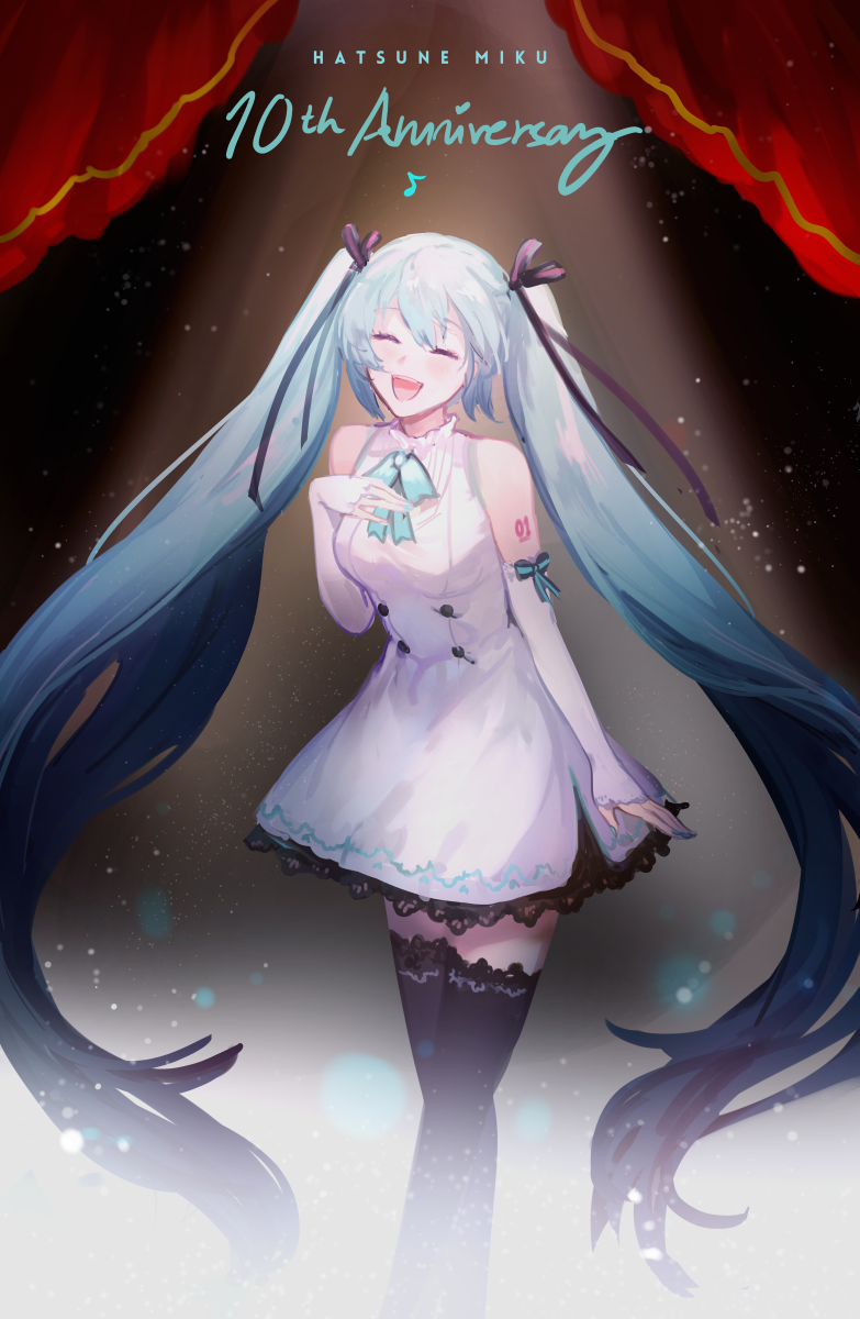 1girl :d ^_^ ^o^ anniversary arm_tattoo bangs bare_shoulders black_legwear blue_bow blue_hair blue_nails blue_neckwear blush bow bowtie character_name closed_eyes curtains detached_sleeves dress facing_viewer hair_ribbon hand_on_own_chest happy hatsune_miku highres k_(sktchblg) light_particles long_hair long_sleeves music musical_note nail_polish number_tattoo open_mouth quaver ribbon shiny shiny_hair singing sleeveless sleeveless_dress smile solo spotlight standing tattoo thigh-highs very_long_hair vocaloid zettai_ryouiki