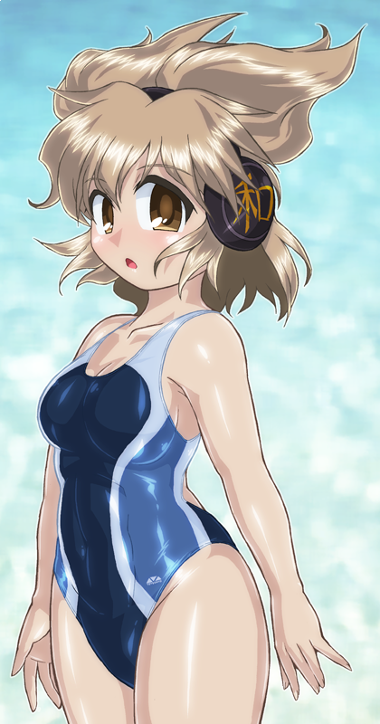 1girl black_swimsuit blue_background brown_eyes brown_hair competition_swimsuit cowboy_shot earmuffs gradient gradient_background looking_at_viewer one-piece_swimsuit pointy_hair short_hair solo standing swimsuit touhou toyosatomimi_no_miko winn