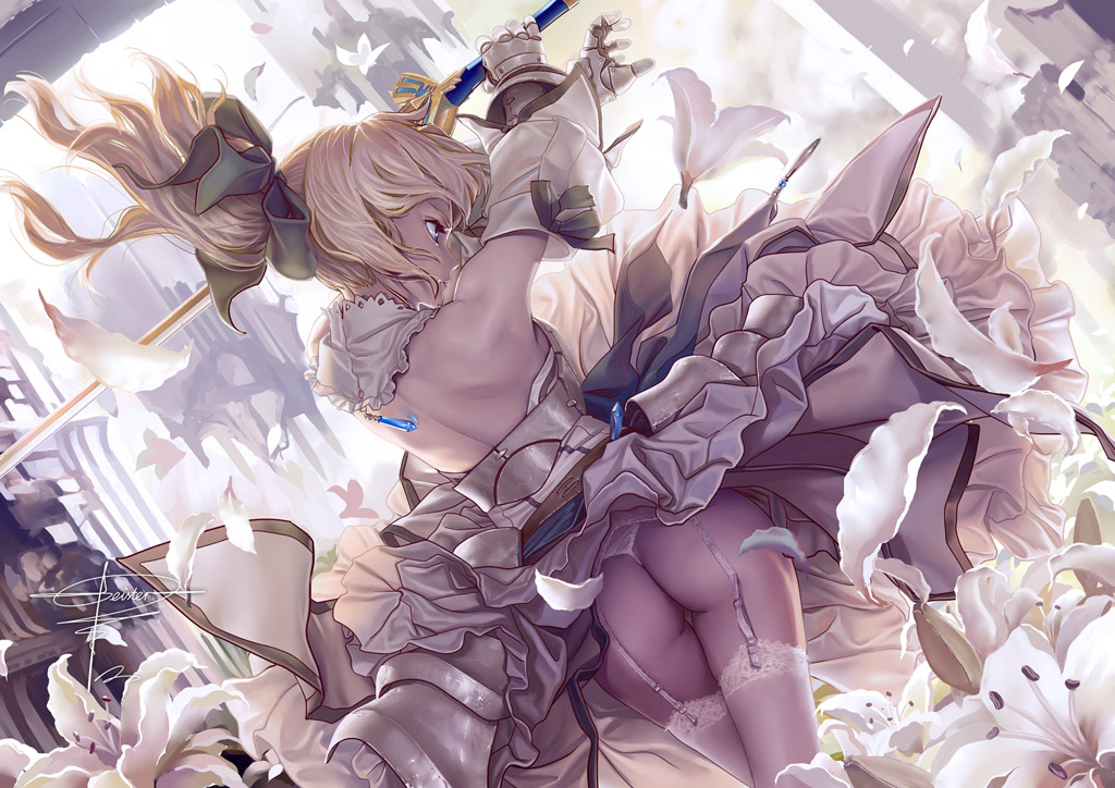 1girl artoria_pendragon_(all) ass back blonde_hair blue_eyes dutch_angle excalibur fate/stay_night fate/unlimited_codes fate_(series) flower frills from_behind garter_belt garter_straps geister lily_(flower) panties petals ponytail saber saber_lily short_hair signature solo sword thong too_many too_many_frills underwear weapon
