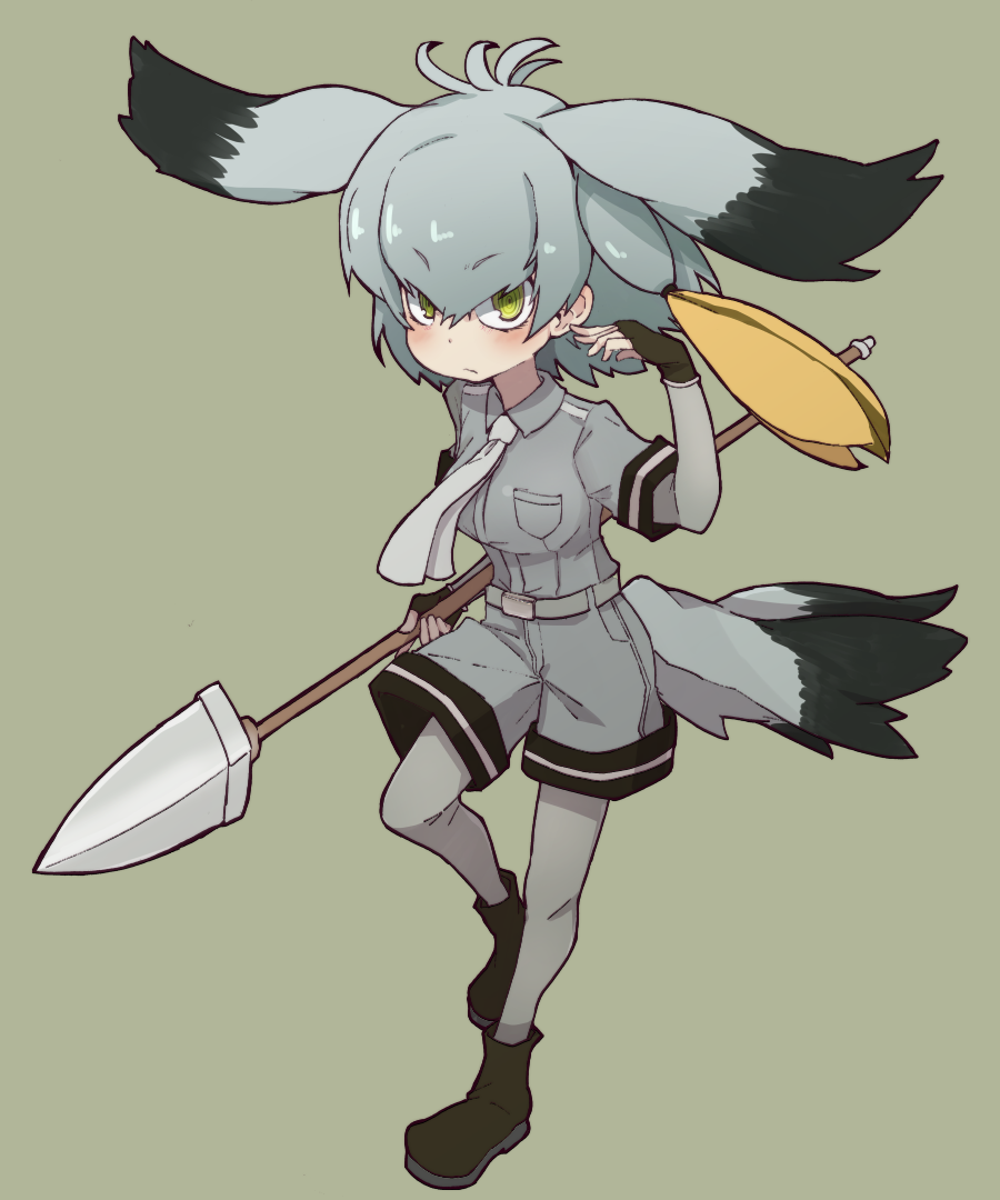 1girl :/ bangs belt bird_tail black_gloves blonde_hair bodystocking breast_pocket eyebrows_visible_through_hair fingerless_gloves full_body gloves green_background green_eyes grey_hair grey_shirt grey_shorts hair_between_eyes hand_up kemono_friends looking_at_viewer low_ponytail multicolored_hair necktie pocket polearm ringed_eyes serious shirt shoebill_(kemono_friends) shorts side_ponytail simple_background solo spear teranekosu weapon white_neckwear