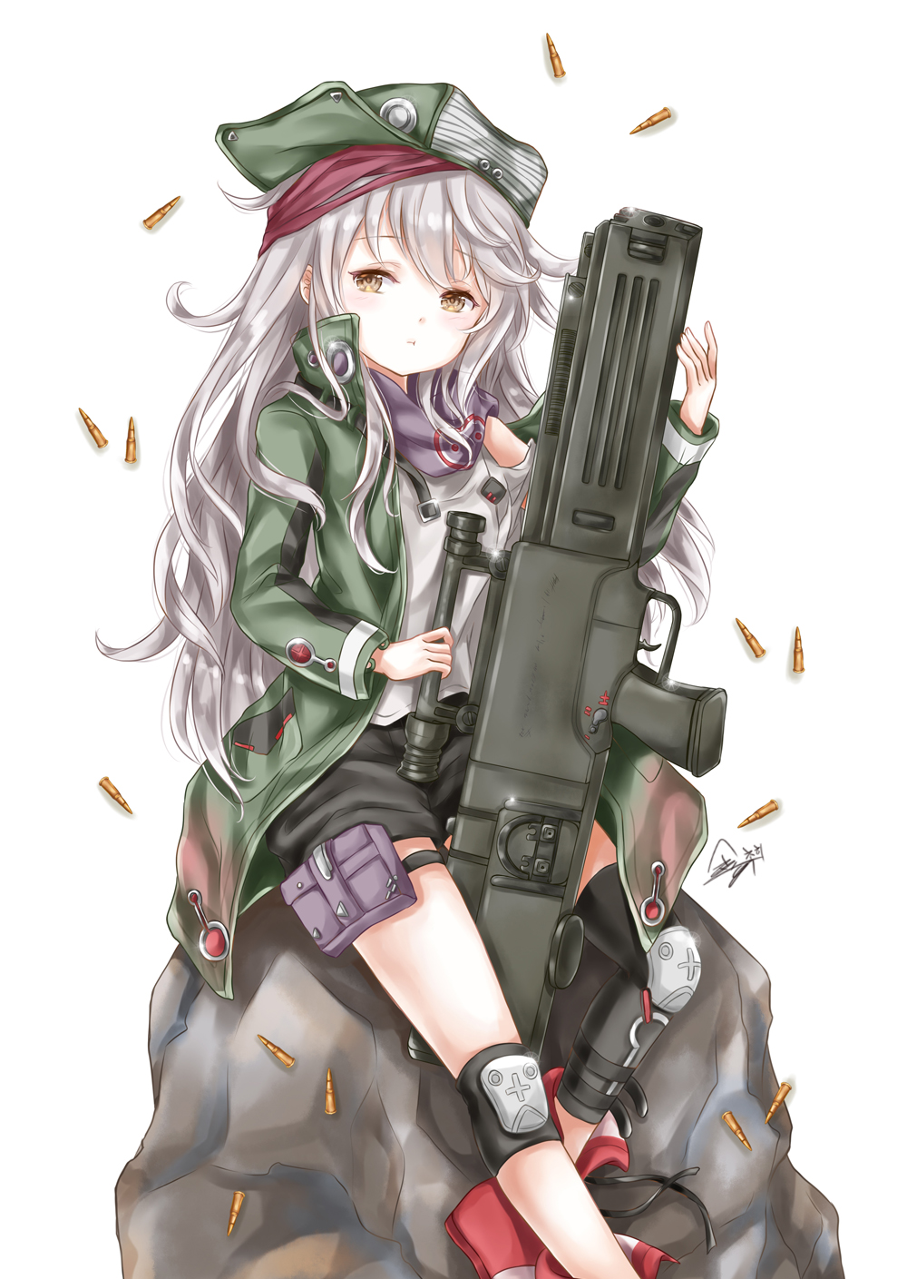 1girl :t assault_rifle black_shorts blush brown_eyes bullet chohee closed_mouth eyebrows_visible_through_hair g11 girls_frontline green_hat green_jacket gun hair_between_eyes hat head_tilt highres holding holding_gun holding_weapon jacket knee_pads long_hair long_sleeves looking_at_viewer open_clothes open_jacket red_footwear rifle rock shirt shorts signature silver_hair simple_background sitting solo thigh_strap very_long_hair weapon white_background white_shirt