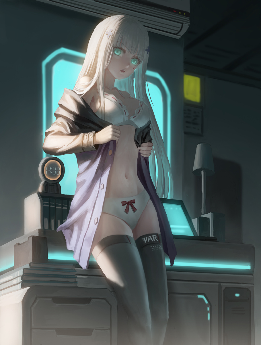 1girl air_conditioner book book_stack bow bow_panties bra breasts clock collarbone computer desk digital_clock eyebrows_visible_through_hair girls_frontline green_eyes hair_ornament head_tilt highres hk416_(girls_frontline) indoors lamp laptop long_hair long_sleeves looking_at_viewer medium_breasts navel number off_shoulder open_clothes open_mouth open_shirt panties ribbon-trimmed_bra shirt solo standing underwear v-shaped_eyebrows very_long_hair white_bra white_hair white_panties xukong