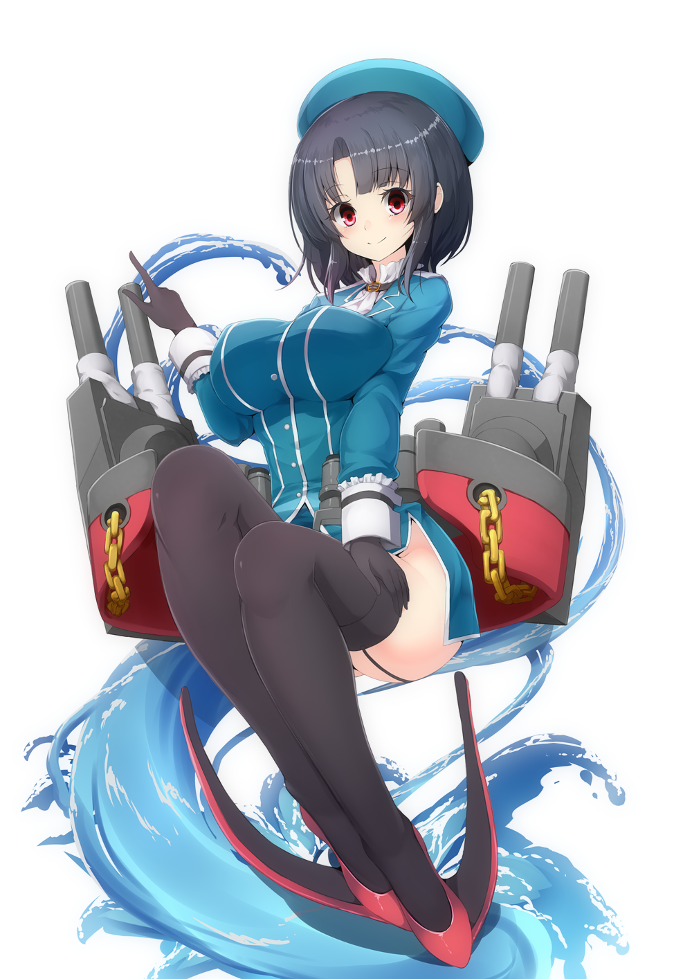 1girl beret black_gloves black_hair black_legwear breasts full_body gloves gluteal_fold hat highres inu3 kantai_collection large_breasts looking_at_viewer machinery military military_uniform red_eyes short_hair simple_background smile solo takao_(kantai_collection) thigh-highs thighs turret uniform white_background