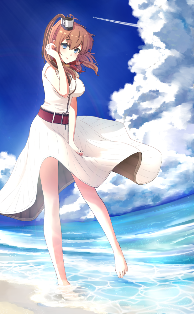 1girl artist_name barefoot beach belt blue_eyes breast_pocket breasts brown_hair clouds condensation_trail day dress jewelry kantai_collection large_breasts long_hair looking_at_viewer outdoors pocket ponytail red_belt revision ring saratoga_(kantai_collection) side_ponytail solo uki water wedding_band white_dress