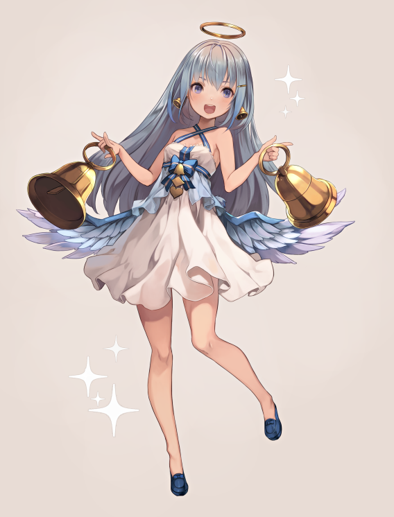 1girl :d bangs bare_legs beige_background bell bellringer_angel blue_hair blue_wings blush criss-cross_halter dress feathered_wings full_body hair_ornament hairclip halo halterneck long_hair looking_at_viewer open_mouth riku_(wana) shadowverse sidelocks simple_background smile solo white_dress wings