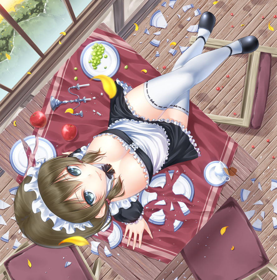 1girl apron blue_eyes breasts broken_plate brown_hair candlestand cleavage dutch_angle food from_above full_body legs_crossed looking_at_viewer maid maid_apron maid_headdress medium_breasts original short_hair sitting smile solo thigh-highs yamaishi_nohi