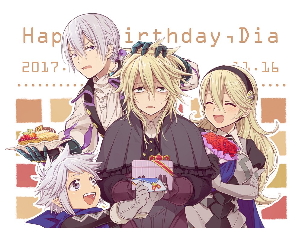 1girl 3boys armor blonde_hair blush butler cape closed_eyes father_and_son female_my_unit_(fire_emblem_if) fire_emblem fire_emblem_if gloves grey_hair hairband hiyori_(rindou66) joker_(fire_emblem_if) kanna_(fire_emblem_if) long_hair looking_at_viewer low_ponytail mother_and_son multiple_boys my_unit_(fire_emblem_if) open_mouth pointy_ears ponytail short_hair simple_background smile solo violet_eyes white_hair