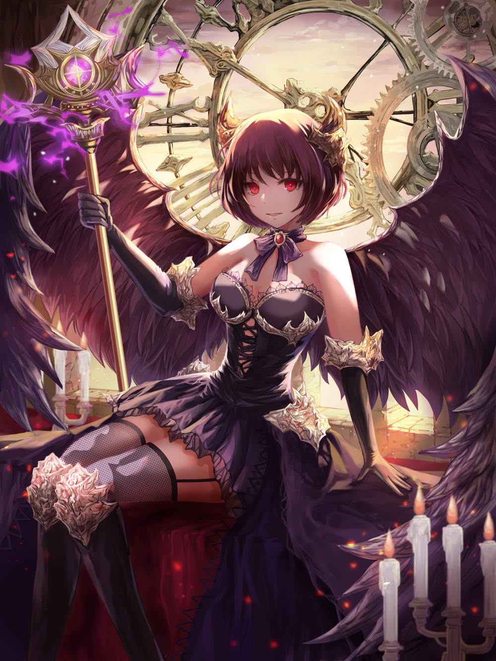 1girl backlighting bare_shoulders black_dress black_gloves black_legwear black_wings breasts brown_hair candle candlestand cleavage clock cross-laced_clothes demon dew_(7302235) dress elbow_gloves fire flame garter_straps gears gloves highres holding holding_staff horns indoors looking_at_viewer original red_eyes short_hair sitting staff thigh-highs tower wings