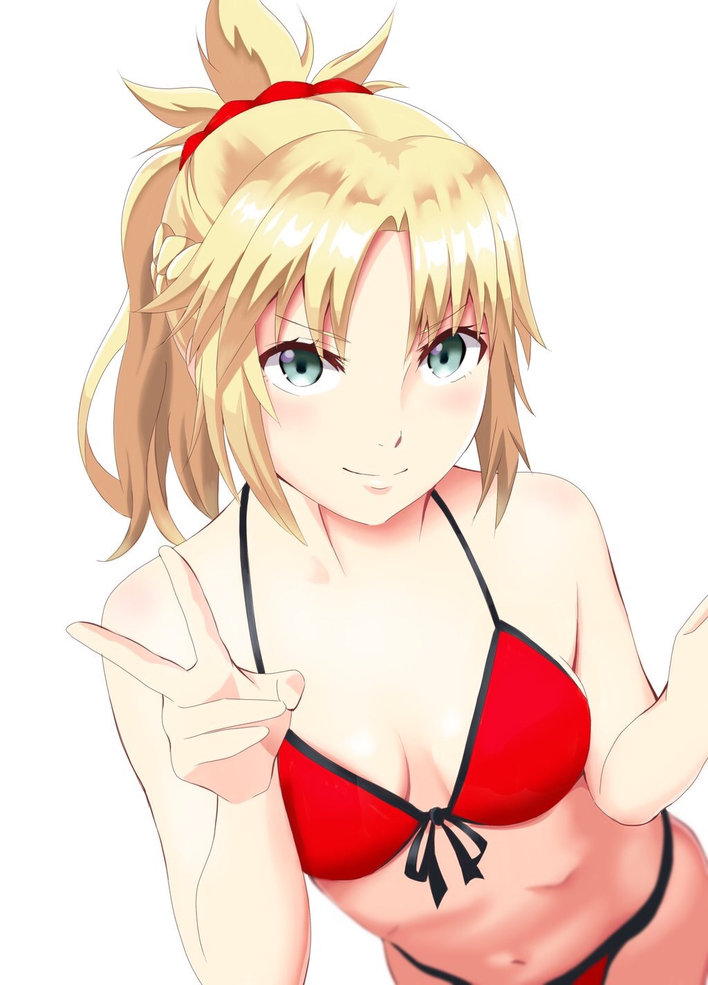1girl bikini blonde_hair blush braid breasts cleavage dutch_angle fate/apocrypha fate/grand_order fate_(series) french_braid front-tie_bikini front-tie_top green_eyes highres looking_at_viewer medium_breasts mordred_(swimsuit_rider)_(fate) navel ponytail red_bikini red_scrunchie saber_of_red smile solo swimsuit v wakegi9315 white_background