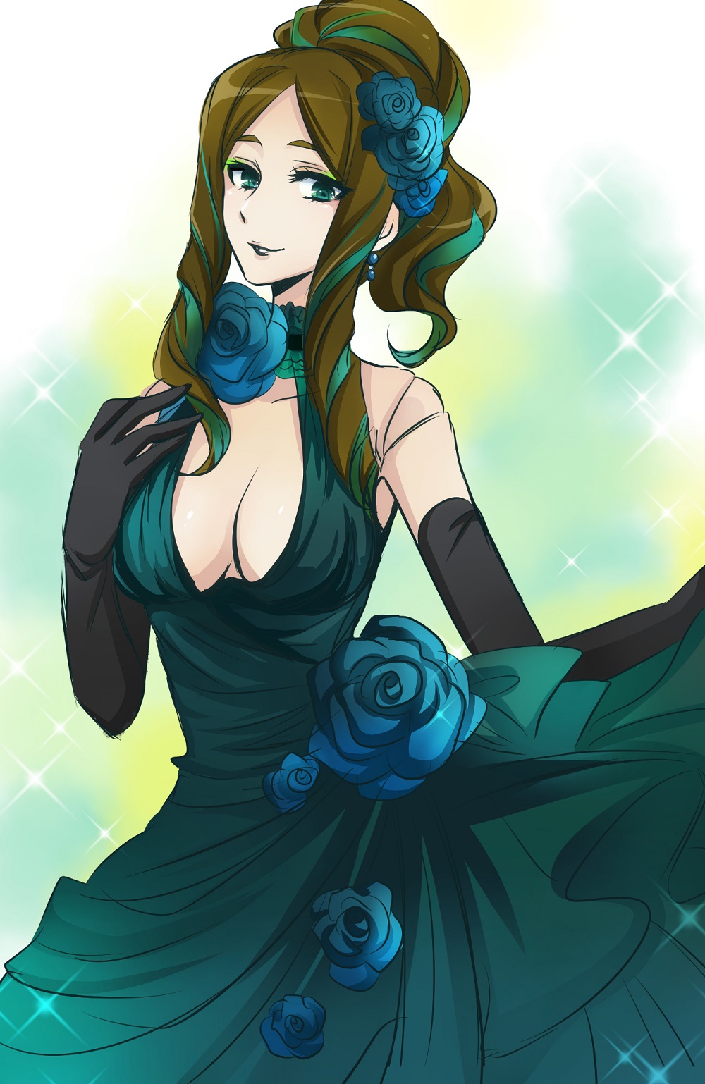 1girl alternate_hairstyle bare_shoulders black_gloves black_lipstick blue_rose breasts brown_hair cleavage dress elbow_gloves eyeshadow flower gloves green_dress green_eyes green_hair highres kiraki large_breasts lipstick long_hair looking_at_viewer makeup multicolored_hair phara_suyuf ponytail rose senki_zesshou_symphogear smile solo two-tone_hair