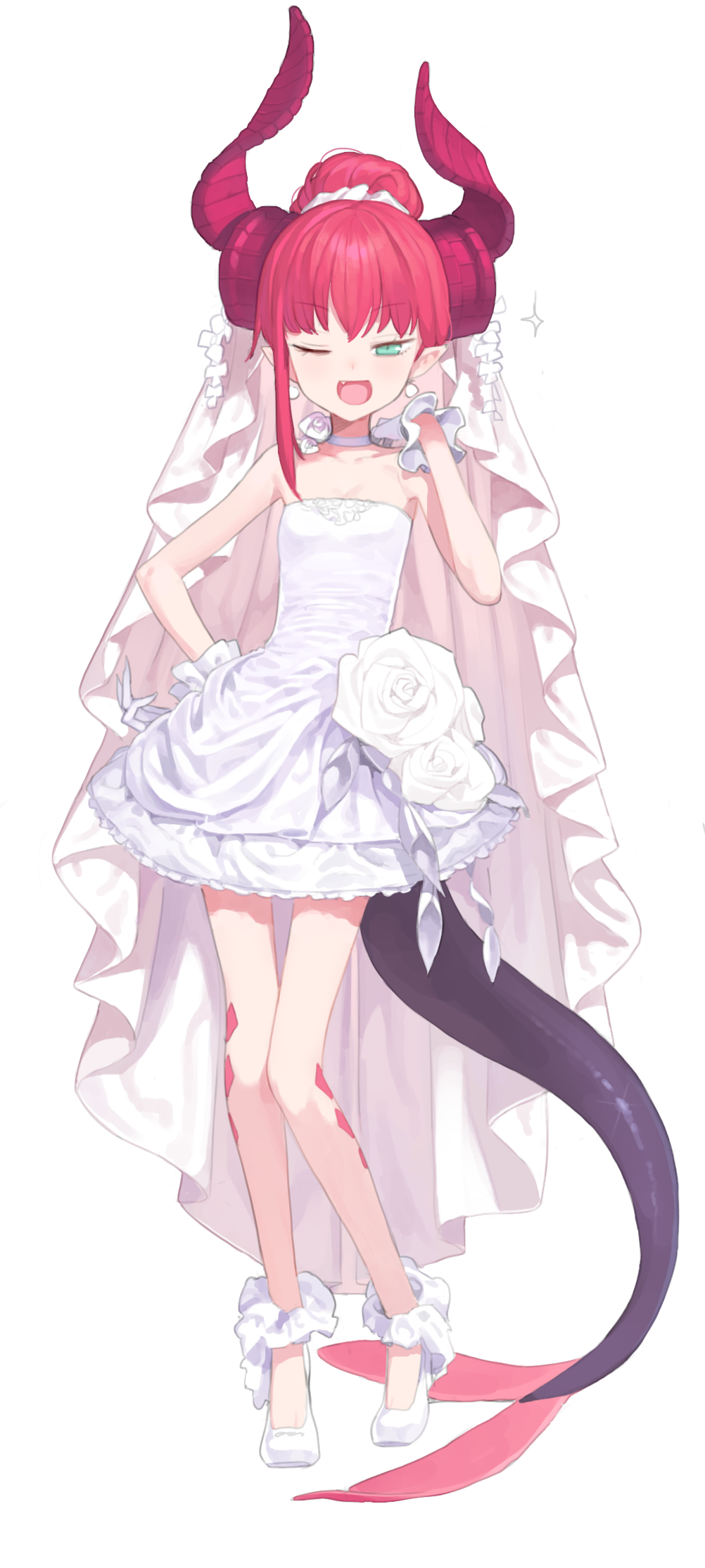 1girl asymmetrical_hair asymmetrical_horns bangs bare_arms bare_legs bare_shoulders choker contrapposto doremi dress earrings eyebrows_visible_through_hair fang fate/extra fate/extra_ccc fate_(series) flower full_body gloves green_eyes hair_up hand_on_hip hand_up highres jewelry lancer_(fate/extra_ccc) long_hair looking_at_viewer one_eye_closed open_mouth pink_hair pointy_ears rose shoes short_dress smile solo standing tail veil wedding_dress white_choker white_dress white_footwear white_gloves white_rose