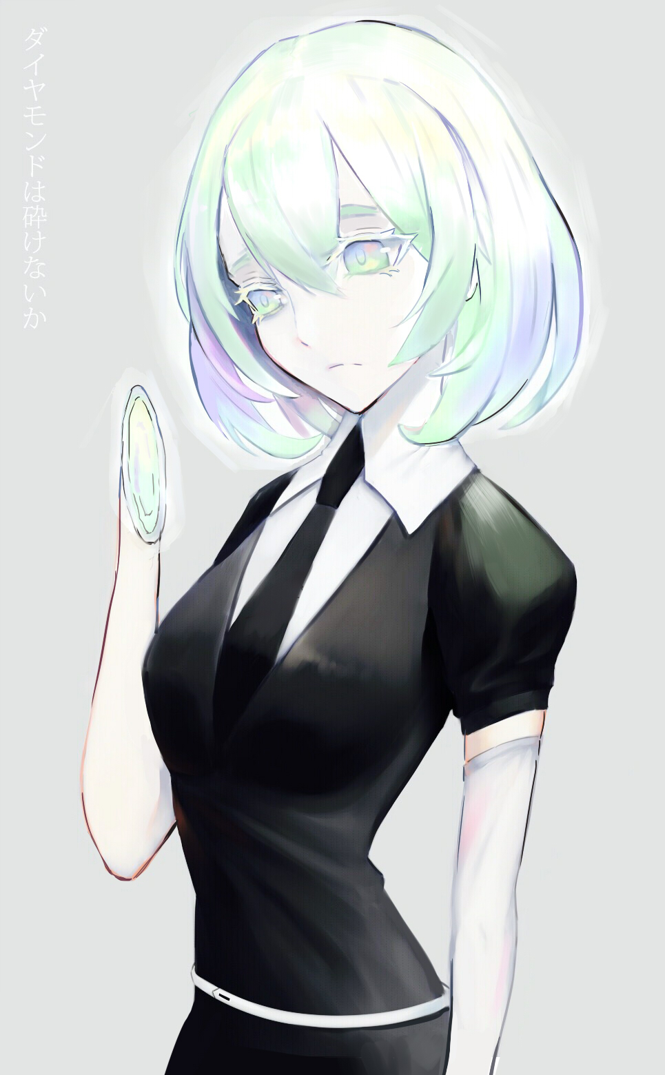 androgynous black_neckwear broken diamond_(houseki_no_kuni) elbow_gloves gloves highres houseki_no_kuni leovemomo multicolored_hair necktie shirt short_hair short_sleeves solo white_gloves