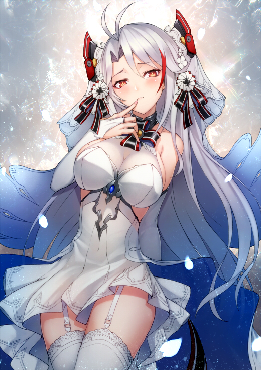 1girl alternate_costume antenna_hair arm_behind_back azur_lane bangs bare_shoulders blush breasts bridal_gauntlets bridal_veil brown_eyes cleavage collarbone commentary_request dated dress eyebrows_visible_through_hair finger_to_mouth flower garter_straps gloves hair_between_eyes hair_ornament half-closed_eyes headgear iron_cross jewelry kyoeiki large_breasts light_particles long_hair looking_at_viewer mole mole_on_breast multicolored_hair nail_polish no_bra parted_lips petals pink_nails prinz_eugen_(azur_lane) redhead ring see-through silver_hair smile solo thigh-highs thighs two_side_up veil very_long_hair wedding_band wedding_dress white_dress white_flower white_footwear white_gloves white_hair white_legwear