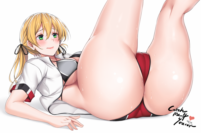 1girl adapted_costume ass bikini black_ribbon blonde_hair blush breasts closed_mouth crop_top green_eyes hair_between_eyes hair_ribbon kantai_collection large_breasts legs_up long_hair low_twintails lying on_back open_clothes open_shirt prinz_eugen_(kantai_collection) ribbon shirt short_sleeves simple_background smile solo sweat swimsuit twintails white_background white_shirt yanochi