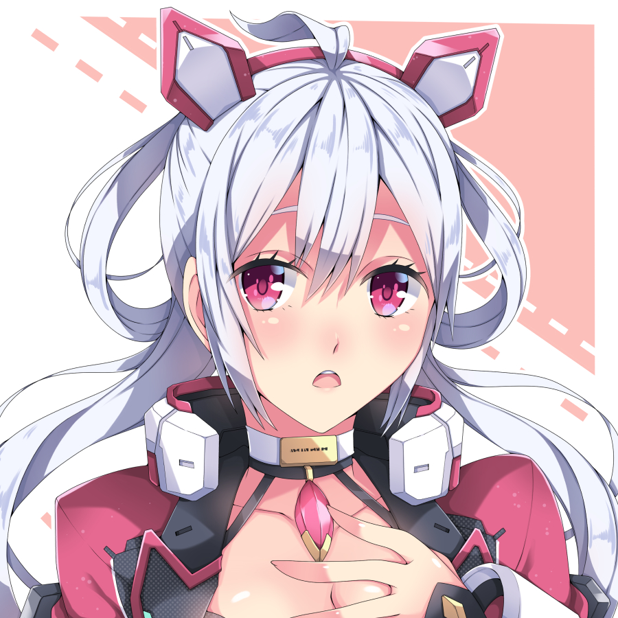 1girl ahoge breasts cleavage collarbone floating_hair hair_between_eyes hairband jewelry long_hair looking_at_viewer matoi_(pso2) medium_breasts milkpanda necklace open_mouth phantasy_star phantasy_star_online_2 portrait red_eyes red_hairband silver_hair solo