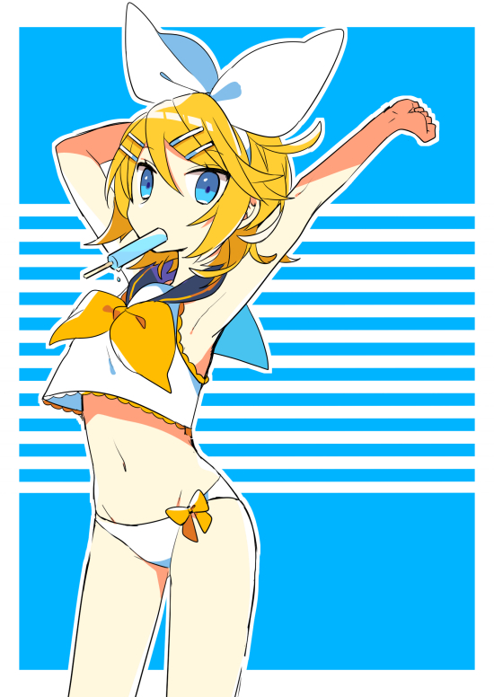 1girl armpits arms_up ascot bare_arms bare_shoulders bikini_bottom blonde_hair blue_eyes bow crop_top flat_chest food food_in_mouth hair_bow hair_ornament hairclip hand_behind_head kagamine_rin looking_at_viewer midriff mouth_hold navel popsicle sailor_collar shirt short_hair sleeveless sleeveless_shirt solo stretched_limb vocaloid yoshiki