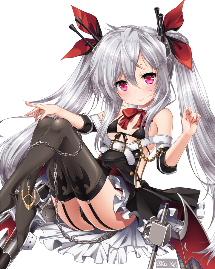 1girl :&gt; aiguillette anchor azur_lane bangs bikini black_bikini black_bikini_top black_legwear black_panties blush bow chains closed_mouth eyebrows_visible_through_hair flat_chest garter_straps hair_between_eyes hair_bow hand_up kei_kei knees_up lace lace-trimmed_panties legs_together long_hair looking_at_viewer panties red_bow sidelocks silver_hair simple_background sitting smile solo swimsuit thigh-highs turret twintails twitter_username underwear vampire_(azur_lane) very_long_hair violet_eyes white_background
