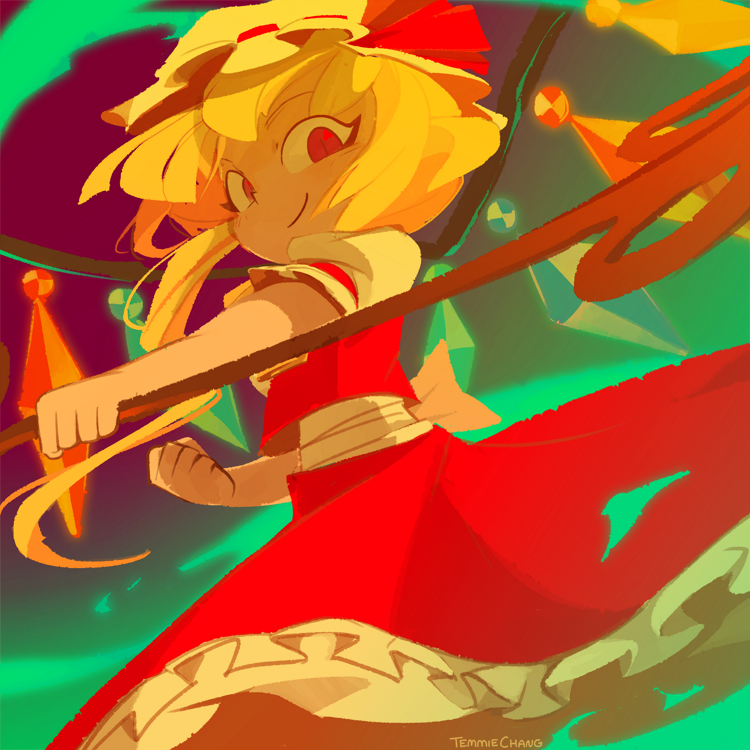 1girl artist_name blonde_hair bow clenched_hand closed_mouth crystal dress flandre_scarlet frilled_skirt frills hat hat_bow hat_ribbon laevatein looking_at_viewer mob_cap puffy_short_sleeves puffy_sleeves red_bow red_dress red_eyes red_ribbon red_skirt ribbon short_sleeves skirt smile solo spinning temmie_chang touhou