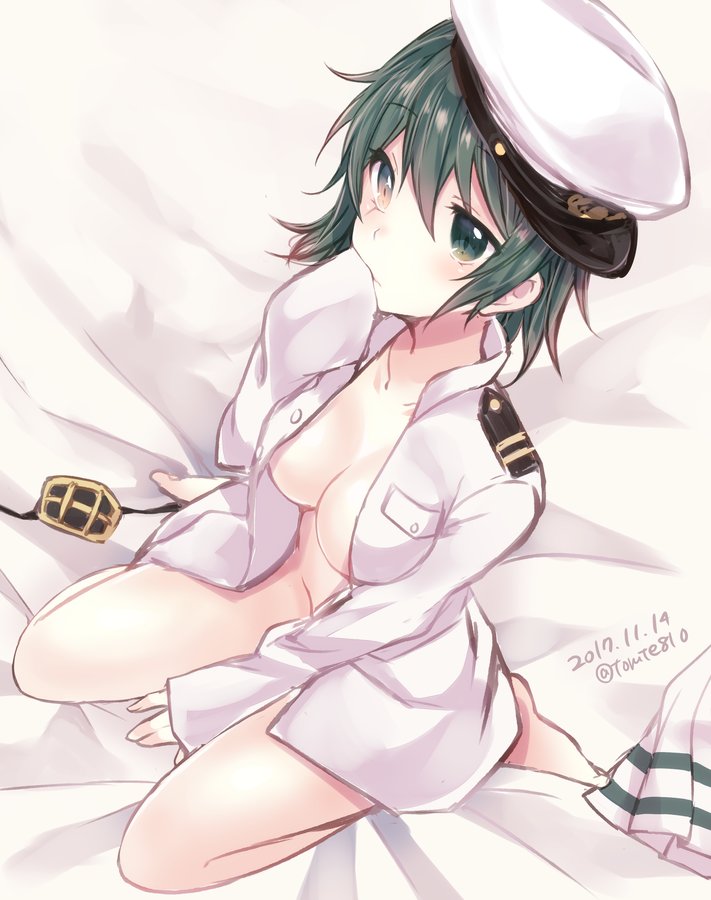 1girl eyepatch eyepatch_removed green_eyes green_hair hat jacket_on_shoulders kabocha_torute kantai_collection kiso_(kantai_collection) naval_unifom no_bra no_panties peaked_cap pleated_skirt sailor_hat short_hair sitting skirt skirt_removed sleeves_past_wrists solo wariza white_skirt