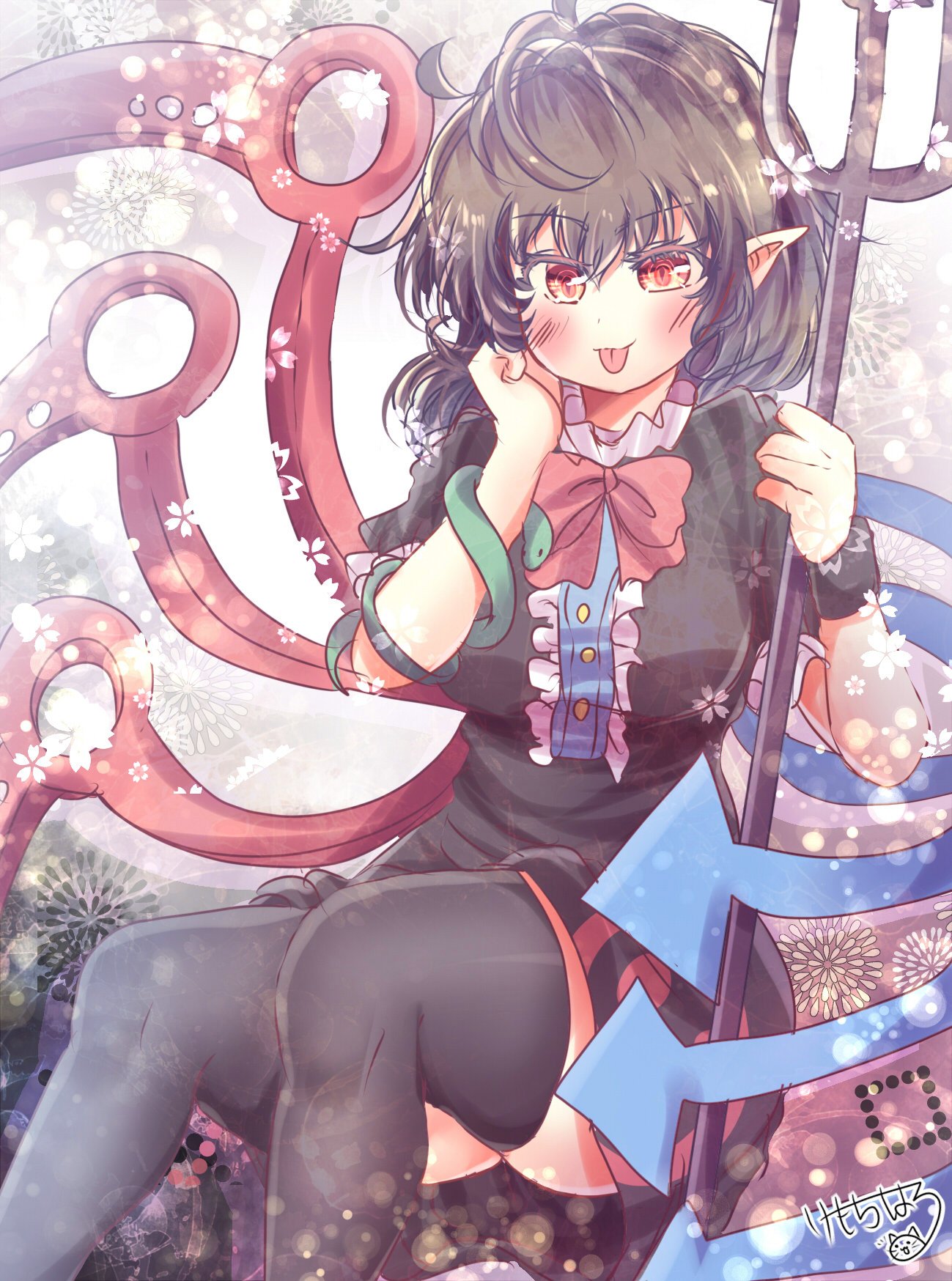 1girl :p asymmetrical_hair asymmetrical_wings black_dress black_legwear blush dress highres houjuu_nue kemo_chiharu messy_hair pointy_ears polearm red_eyes sitting solo thick_thighs thigh-highs thighs tongue tongue_out touhou trident weapon wings
