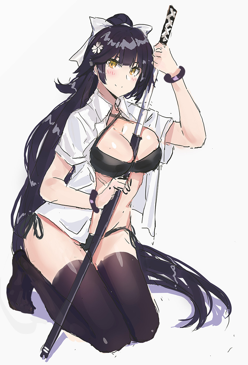 1girl azur_lane bangs between_breasts black_hair black_legwear bow breasts brown_eyes commentary_request echj hair_bow holding holding_sword holding_weapon katana large_breasts long_hair looking_at_viewer military ponytail simple_background solo swimsuit sword takao_(azur_lane) thigh-highs weapon