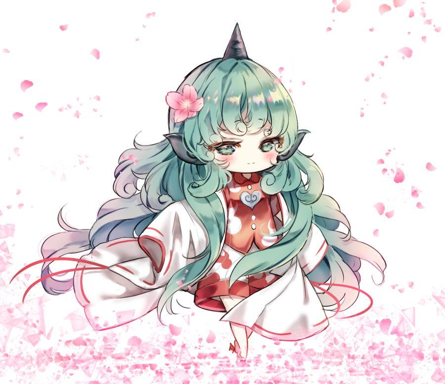 1girl animal_ears bangs blush chibi cloud_print curly_hair flower green_eyes green_hair hair_flower hair_ornament heart horn komano_aun long_hair looking_at_viewer piyokichi red_ribbon red_shirt ribbon ribbon_trim robe shirt shorts smile solo touhou very_long_hair white_shorts