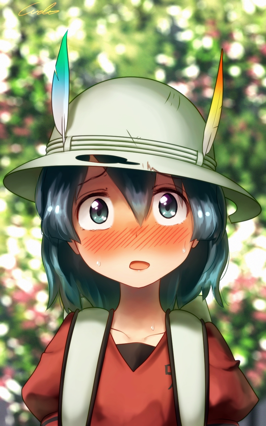 1girl backpack bag black_eyes black_hair blurry blurry_background blush bucket_hat commentary_request depth_of_field hair_between_eyes hat hat_feather highres kaban_(kemono_friends) kemono_friends looking_at_viewer open_mouth outdoors red_shirt shirt short_hair solo sweat upper_body wavy_hair welt_(kinsei_koutenkyoku)