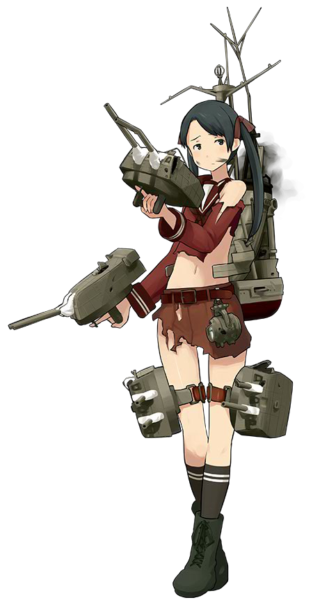 1girl belt black_eyes black_hair black_legwear boots broken broken_weapon brown_skirt closed_mouth damaged hair_ribbon kantai_collection legs_crossed long_hair looking_to_the_side mikuma_(kantai_collection) official_art red_ribbon ribbon rigging searchlight shibafu_(glock23) skirt smoke socks solo soot standing thigh_strap torn_clothes transparent_background trigger_discipline turret twintails weapon