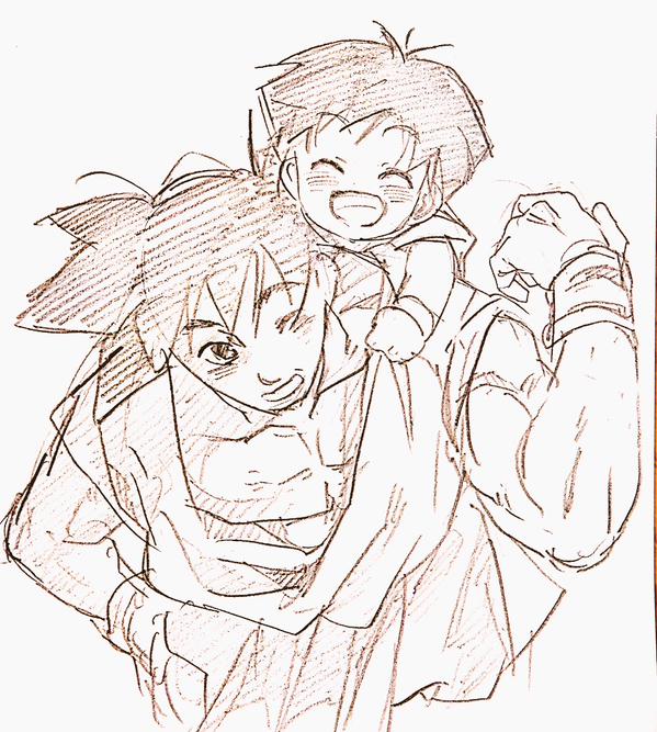 1boy 1girl closed_eyes dragon_ball dragonball_z eyebrows_visible_through_hair fukuko_fuku grandfather_and_granddaughter hug hug_from_behind looking_at_another monochrome one_eye_closed open_mouth pan_(dragon_ball) short_hair simple_background son_gokuu wristband