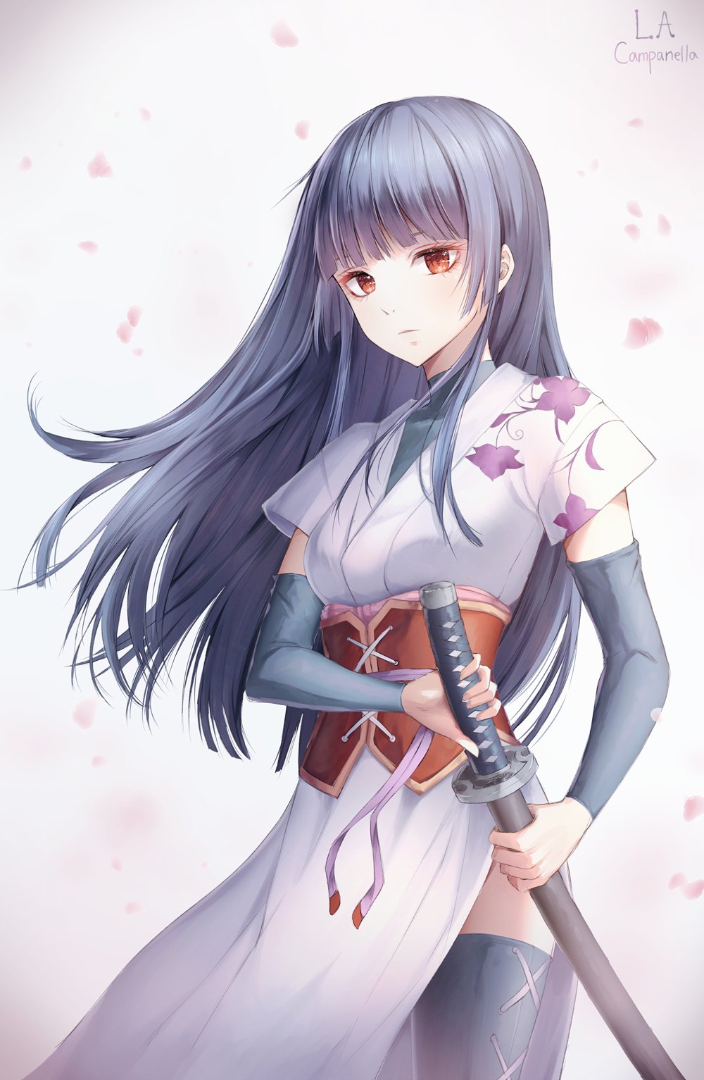 1girl artist_name bangs black_hair black_legwear blunt_bangs closed_mouth commentary_request corset cowboy_shot detached_sleeves expressionless floral_print gintama highres hime_cut holding holding_sword holding_weapon imai_nobume japanese_clothes katana la_campanella long_hair looking_at_viewer petals red_eyes sheath side_slit simple_background solo standing sword thigh-highs turtleneck weapon white_background